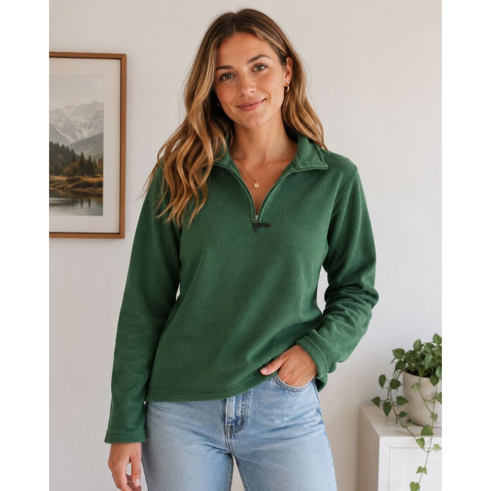 Land’s End Green Fleece Half Zip Pullover Womens Large Soft Cozy Outdoor Sweater